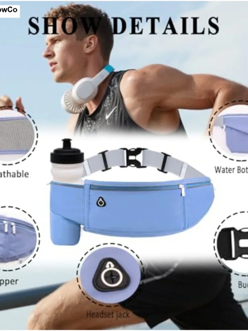 Running Belt with Water Bottle Holder, 3 Pockets, Crossbody Fanny Pack for Men